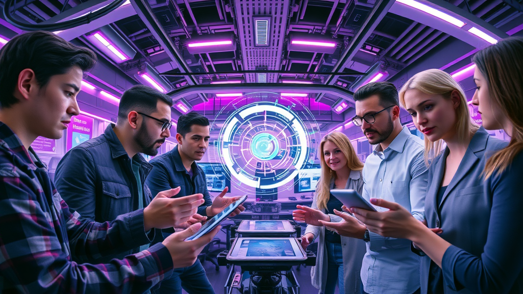 progressive small tech business team brainstorming digital marketing trends, futuristic digital assistants