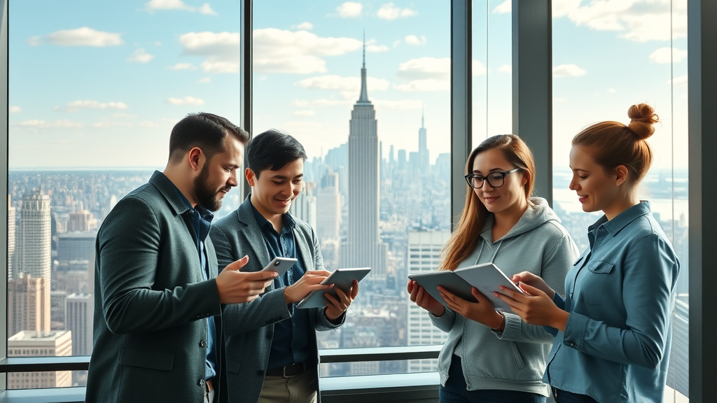 Digital marketing idea for small tech business in NY - Young tech entrepreneurs discussing strategy with digital tablets in a modern New York City office, panoramic cityscape in the background