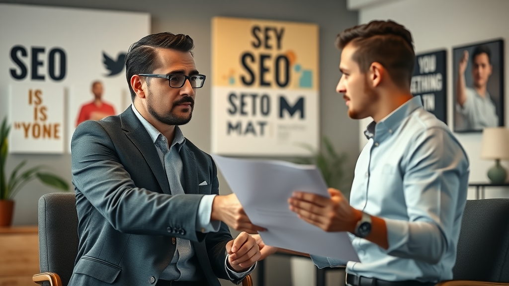 New York tech executive interviewing SEO company consultant in modern office