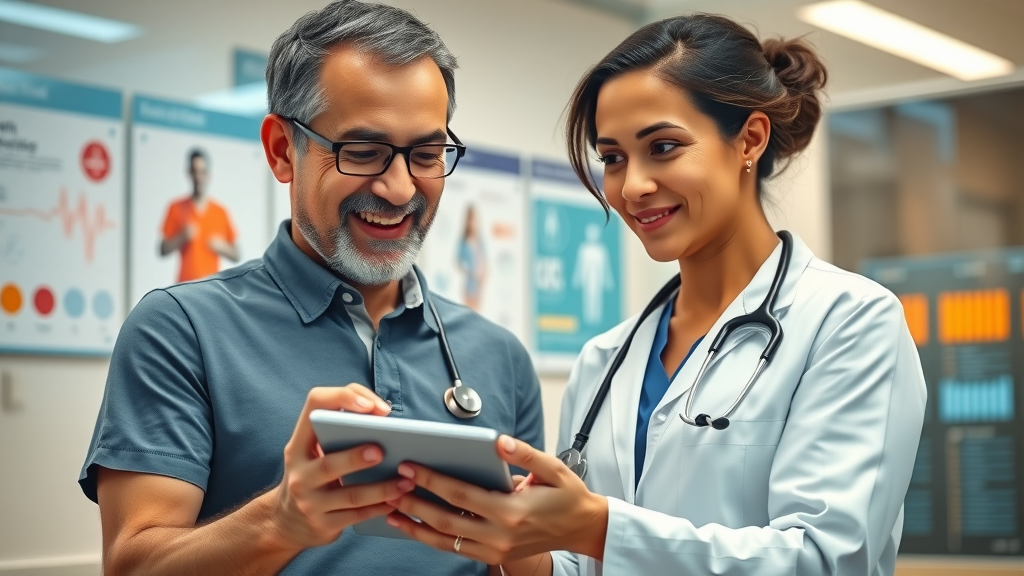 doctor and patient collaborating with digital tablet and digital health records in a clinic; patient outcomes