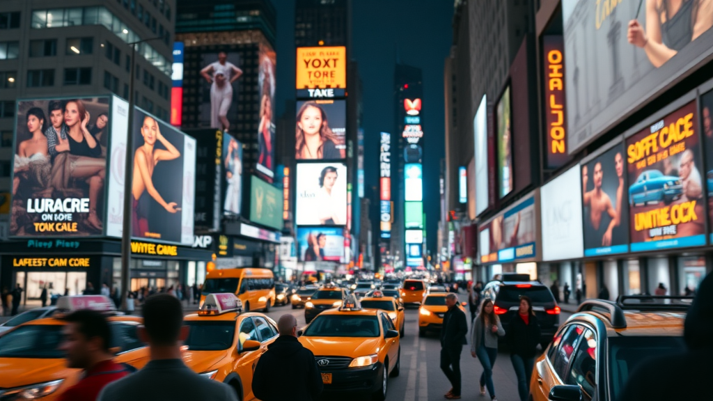 High-impact digital billboard campaign, digital marketing agency New York, above NYC street, urban night scene, photorealistic, 24mm wide-angle lens