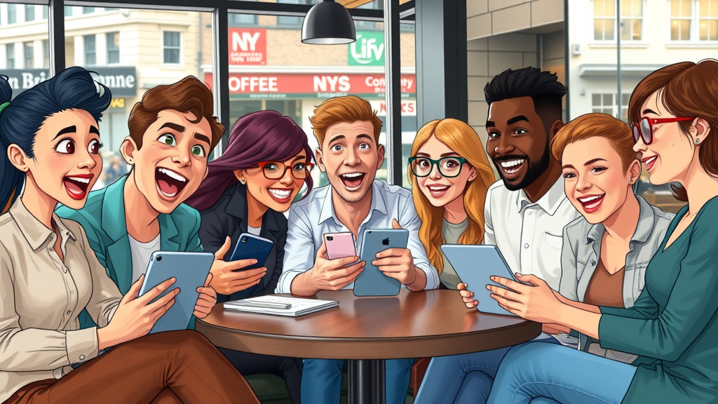 Social media marketing for small tech business in NY - Diverse professionals creating content in a New York coffee shop, brainstorming with laptops and smartphones