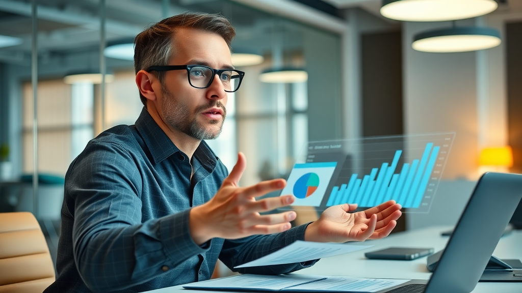 Charismatic marketing specialist explaining data analytics in a contemporary NY tech startup, digital marketing agencies, social media analytics