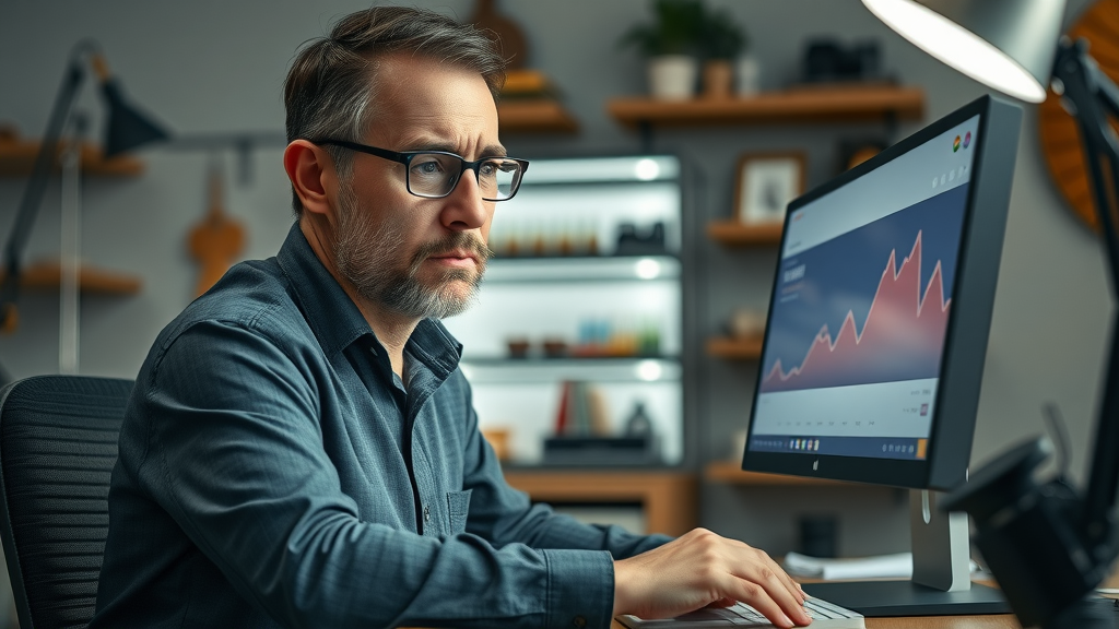frustrated small business owner reviewing sales flat line with AI chatbot disappointed AI agent ai tools