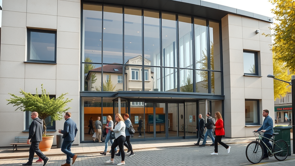 Modern Monmouthshire council building with residents entering — Monmouthshire county council shaping everyday life