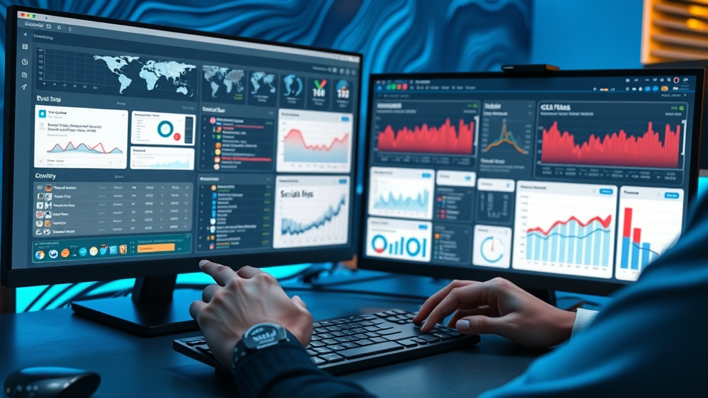 Seattle social media manager workspace with dual analytics dashboards and management tools