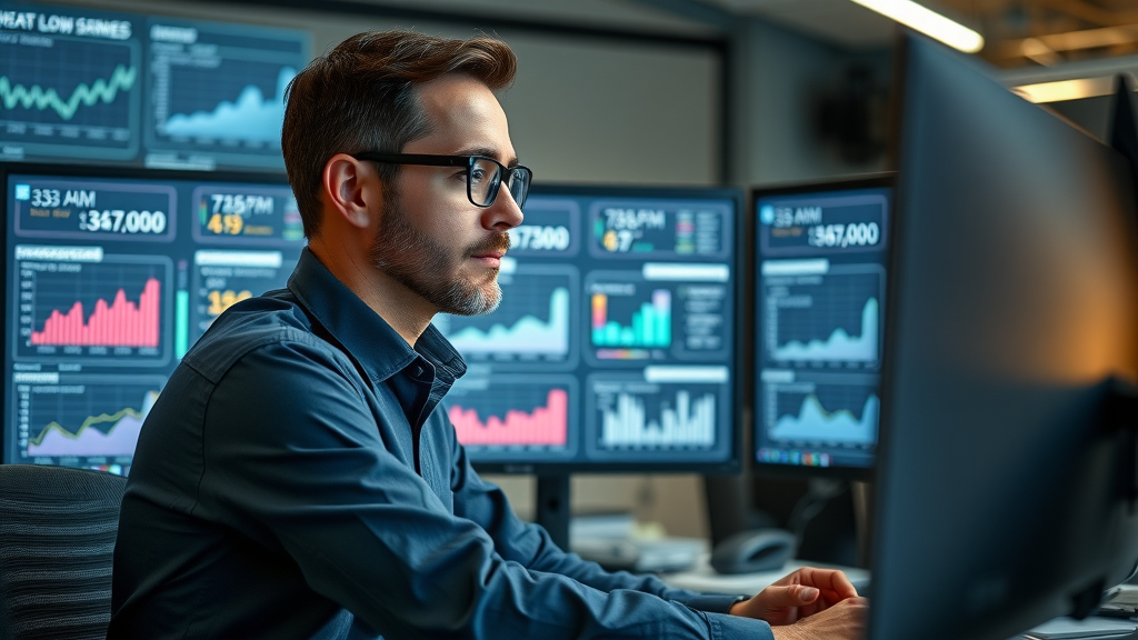 digital marketing analyst reviewing video shorts analytics and KPIs on monitors