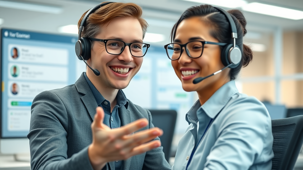context engineering smiling virtual support agent, happy client, contextual user history displayed on screen, interactive chat bubbles