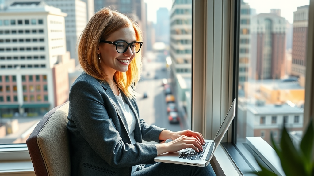 Woman working remotely on USA client project in Boston with city view