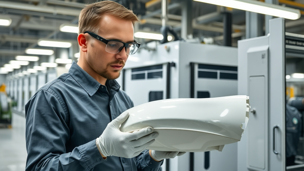 Engineer inspects automotive part from injection molding machine for quality