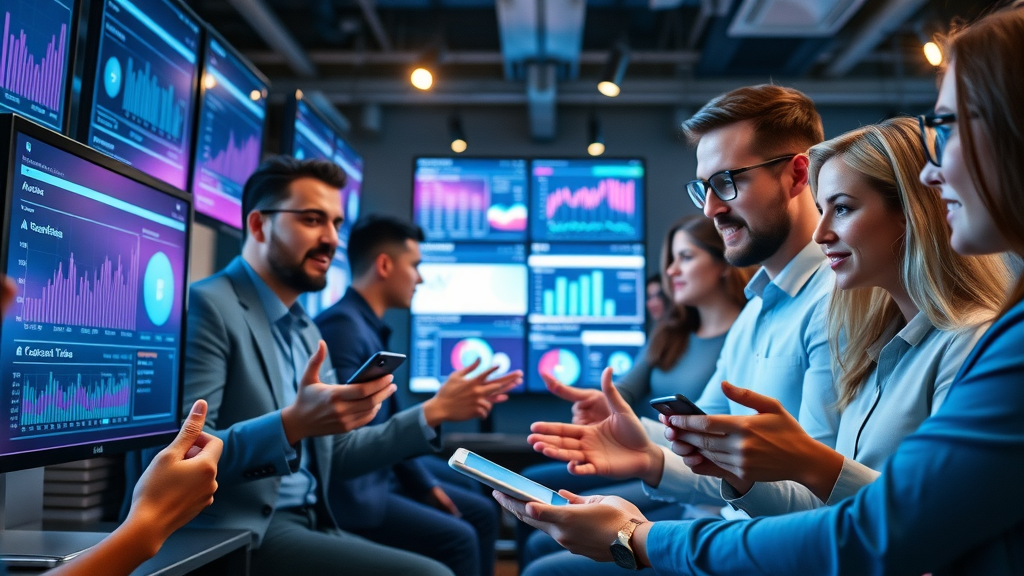 Multi-channel media marketing for small tech business in NY - Tech team launching campaigns on multiple devices in agency lounge lined with analytics screens