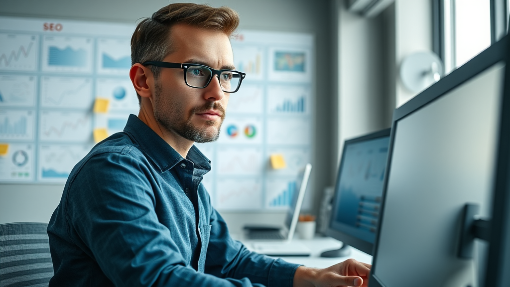 digital marketer analyzing SEO data in modern office workspace with search engine optimization diagrams