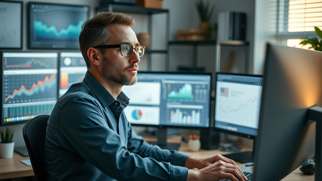 Expert digital marketer evaluating software analytics on multi-screen workstation, tech-inspired office, muted cool colors, digital marketing tools for tech companies