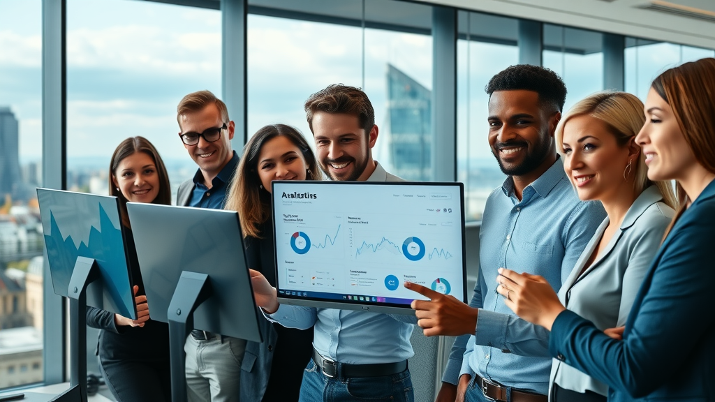 digital marketing services agency in london: diverse professionals collaborating on analytics in modern London office, digital marketing dashboards and city skyline