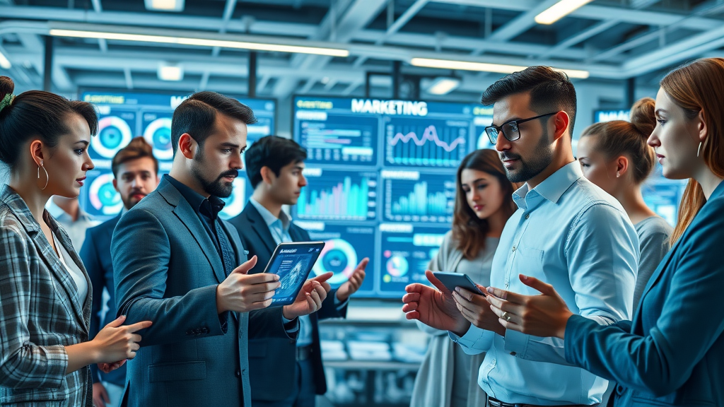 futuristic marketing agency, diverse marketing team, engaging with AI-powered screens and virtual chatbots, analyzing digital analytics, digital marketing today with ai chat, high-tech workspace