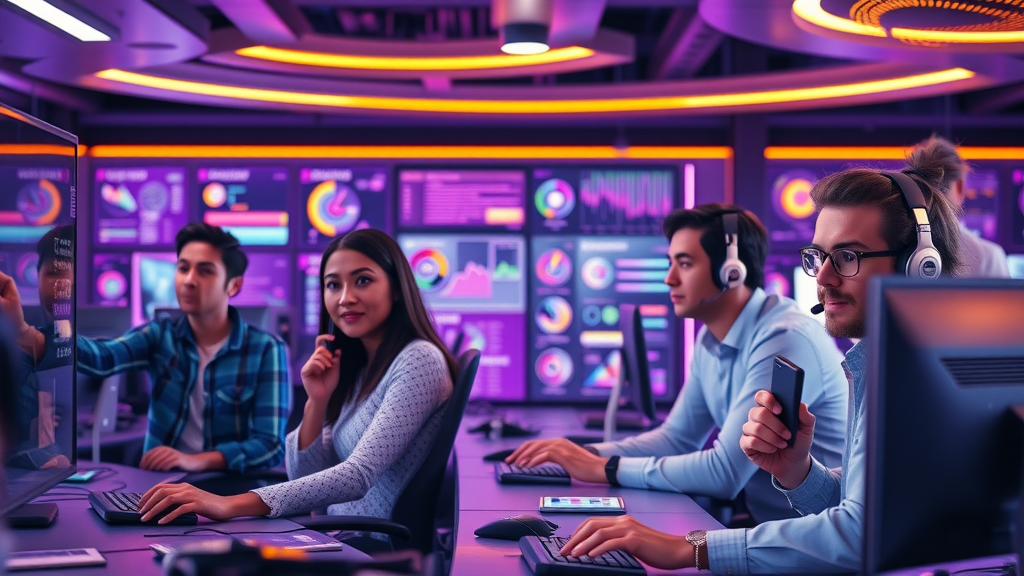 futuristic contact center team using advanced voice ai and generative ai displays for enhanced customer engagement