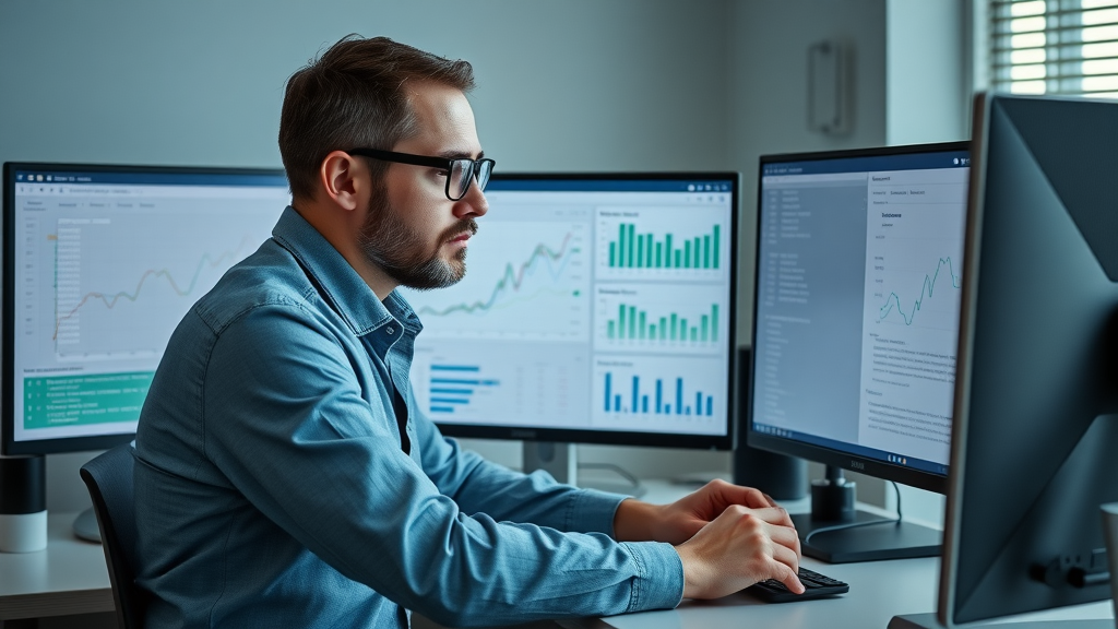 seo specialist reviewing website performance and backlink data on dual monitors for content marketing for tech startups