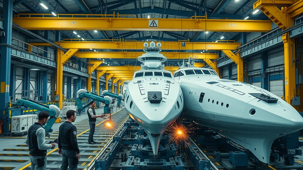 automated assembly line for ships with robots and humans in modern shipbuilding technology