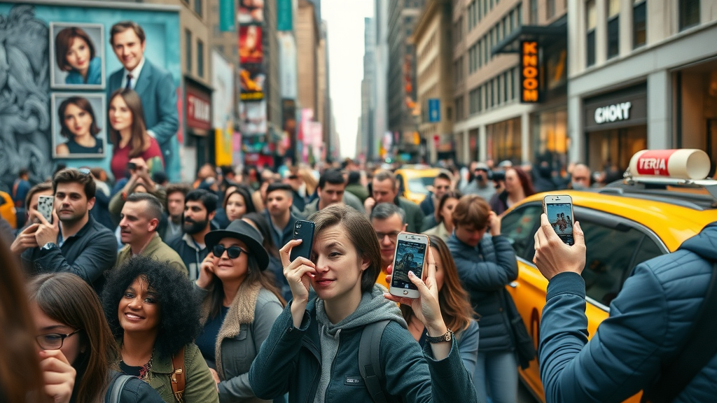 Marketers in Manhattan creating social media content for tech industry campaigns, vibrant crowd and NY city life.
