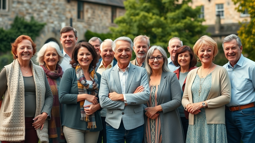 Group of diverse Monmouthshire residents smiling together in a park, historic buildings and greenery in the background, residents voice throughout monmouthshire