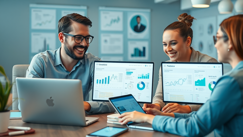 business owner and sales team discussing ai tool options for customer engagement, reviewing CRM dashboards in a creative workspace