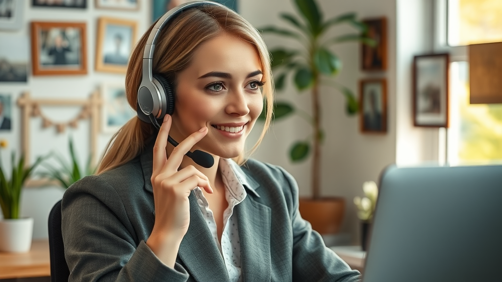Empathetic call center agent: Reassuring and actively listening support agent in a cozy office with personal touches, HVAC focus