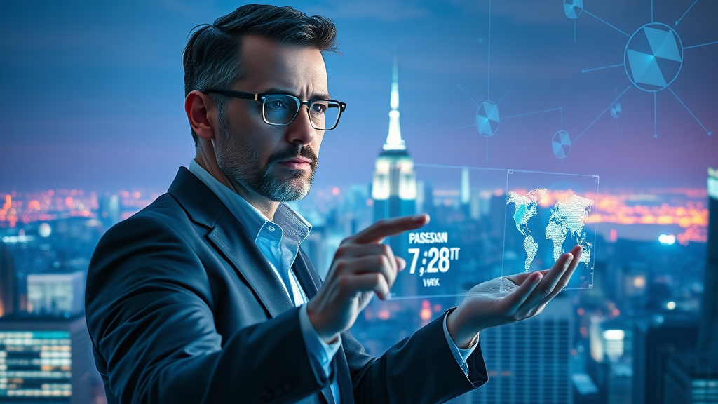 Visionary NY digital marketer using futuristic holographic data, future trends in tech business marketing NY