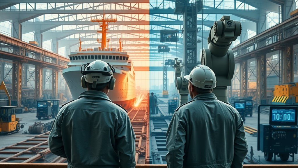 contrasting traditional vs. modern shipyards demonstrating evolution in shipbuilding technology