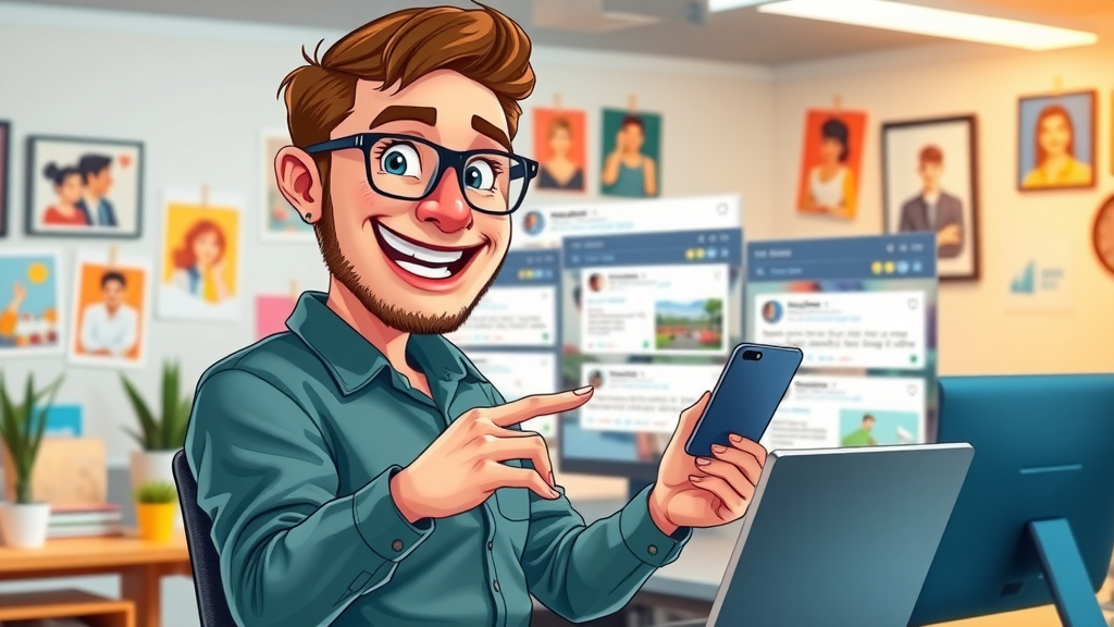 vibrant social media dashboard for small tech business, marketer engaging with posts, tech-themed office