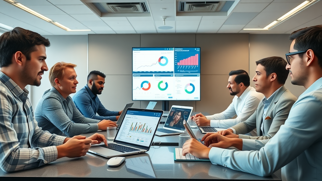 organized marketing team meeting, using laptops with AI dashboard interfaces, digital marketing campaign KPIs, digital marketing today with ai chat