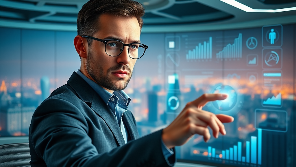 forward-thinking digital marketer interacting with an AI marketing dashboard - advanced online marketing tips for tech companies