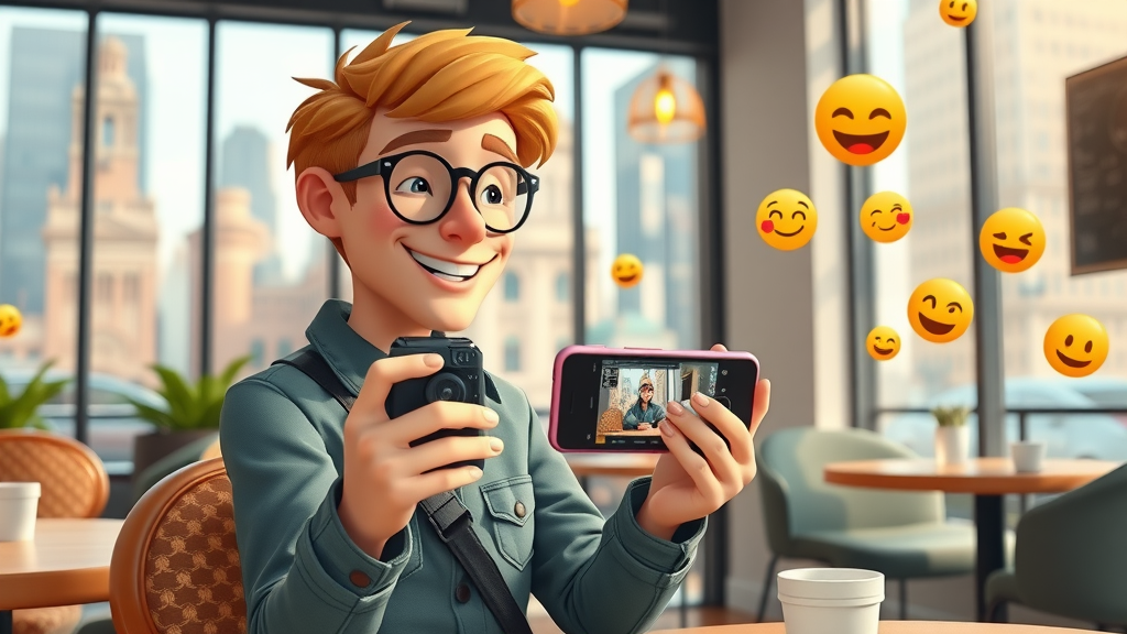 Trendy influencer filming content for a digital marketing agency New York in a Manhattan café, soft afternoon light, 35mm lens effect, animated emojis