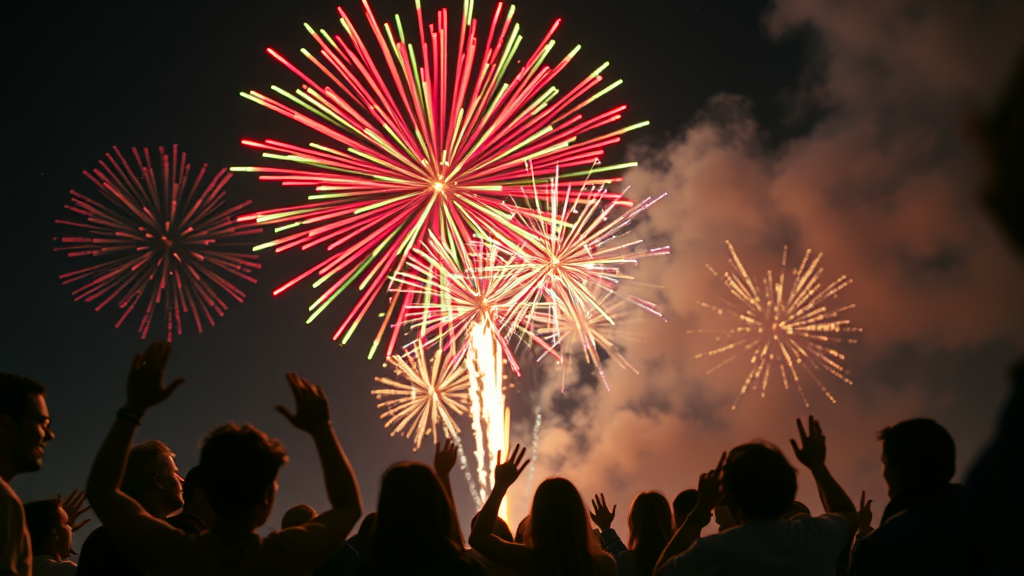 art and science of firework displays: radiant vibrant colors caused by chemical compounds, with joyful onlookers silhouetted in the night sky