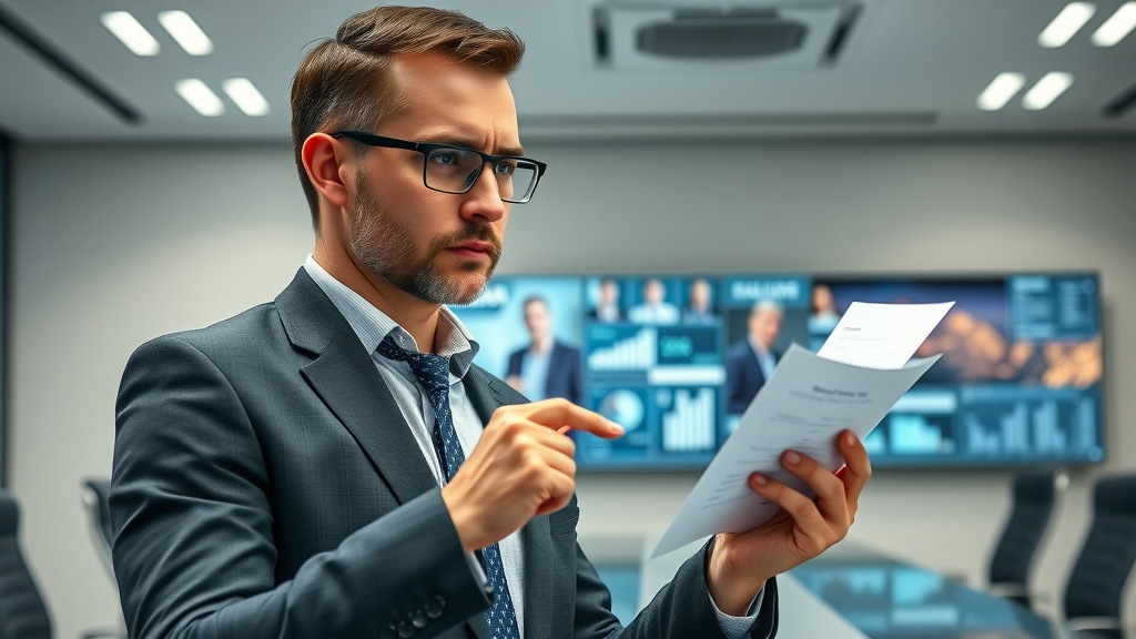 Thoughtful IT decision maker reviewing feature checklist for digital marketing tools for tech companies, conference room with digital displays, photorealistic