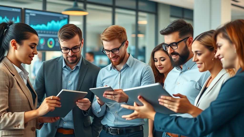 dynamic corporate team leveraging ai to increase customer engagement and sales, modern office setting, digital devices and graphs, team collaboration, bright lighting