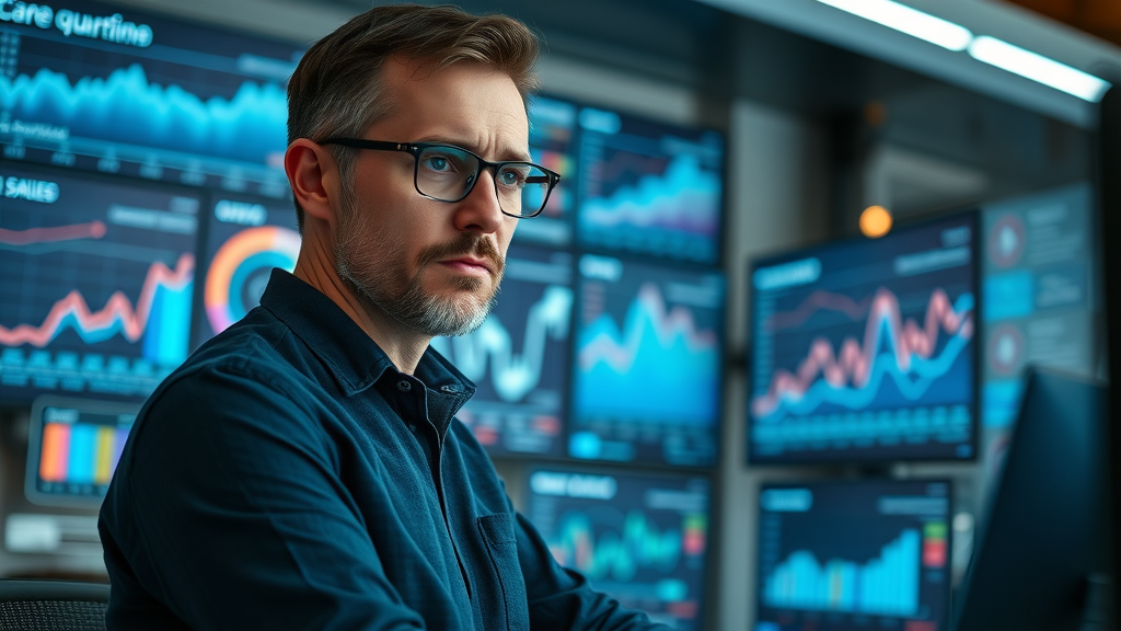 data analyst reviewing real-time sales forecasting dashboards using predictive analytics