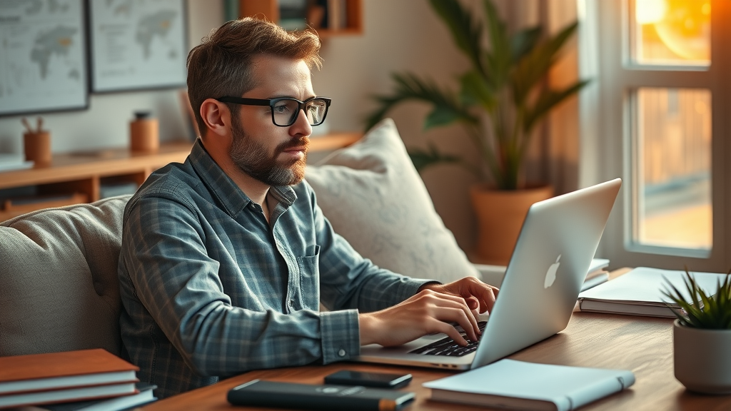 Marketer brainstorming blog post topics and using AI tools for content creation in a digital marketing home office