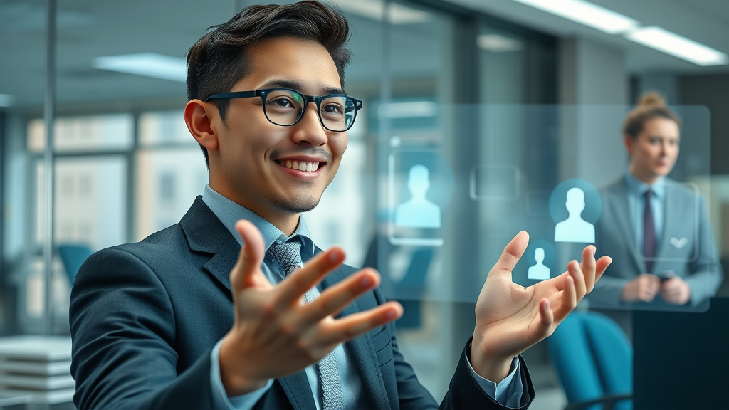 ai coach dynamic young professional virtual interface lifelike corporate office