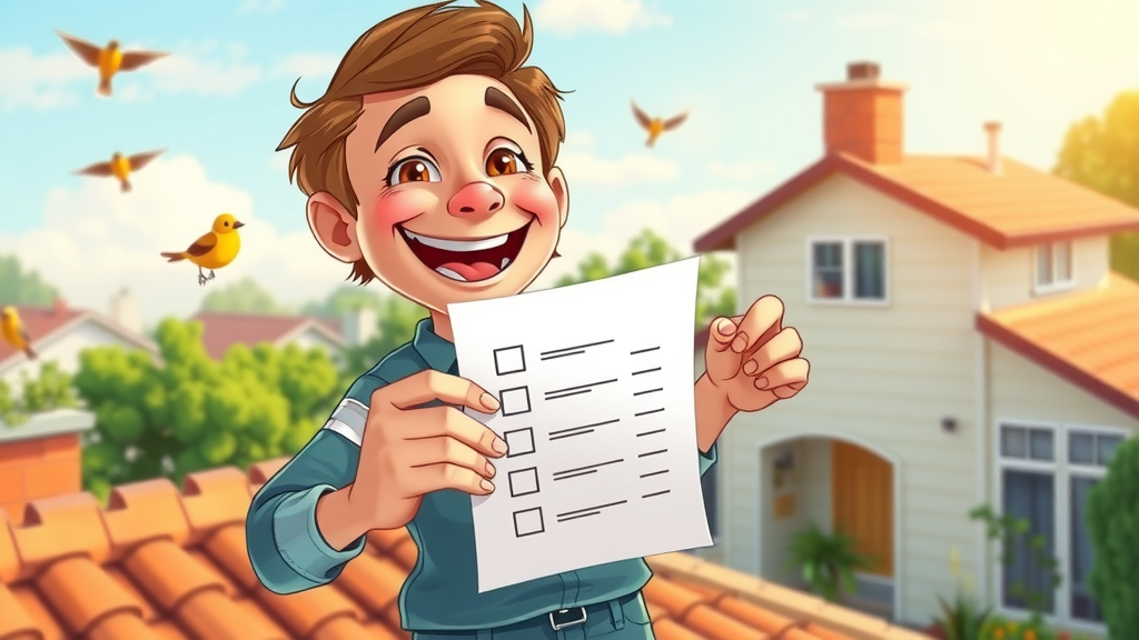 Homeowner proudly shows completed roof inspection checklist on sunny rooftop, garden below. Cartoon style emphasizes checklist process for roof inspection.