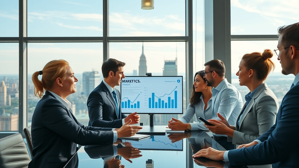 Dynamic business professionals in a modern New York City office, strategizing digital marketing agency New York analytics, Manhattan skyline, growth charts on digital screens, photorealistic high fidelity lifelike, 35mm lens, natural daylight