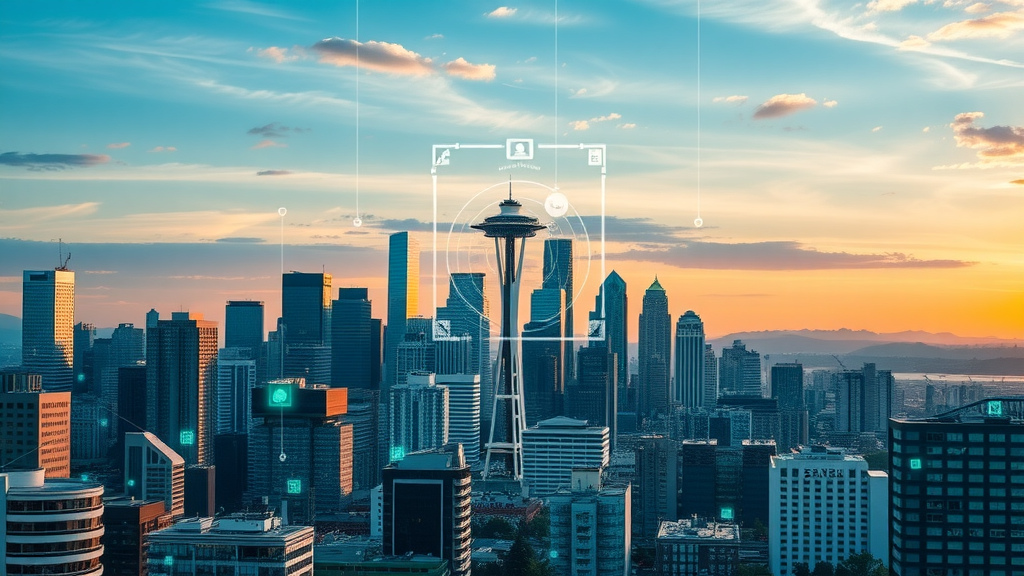 Vibrant Seattle business district skyline with digital marketing network overlays, photorealistic, highlighting digital strategy Seattle