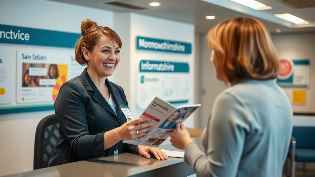 Official Monmouthshire Social Services information desk with welcoming staff member assisting a visitor, modern council building setting.