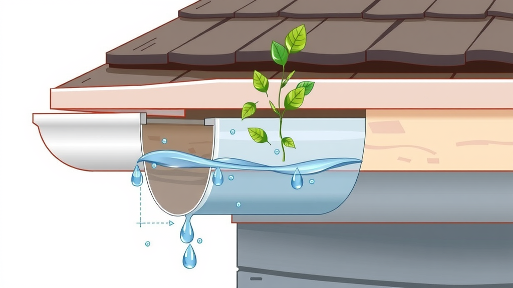 gutter guard installed, water flowing through clean gutter, cross-section diagram schematic