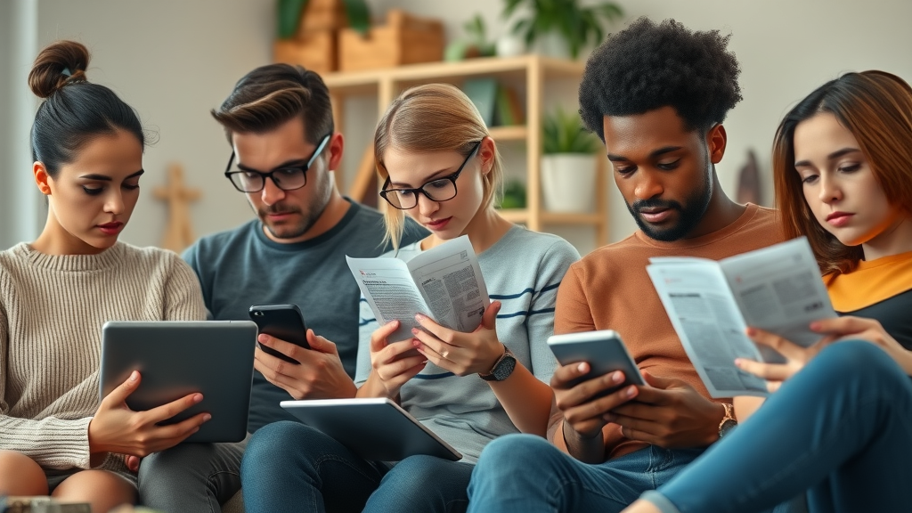 media sites thoughtful diverse adults contemplating news on digital devices, warm morning light, casual setting, no disfigured faces or text