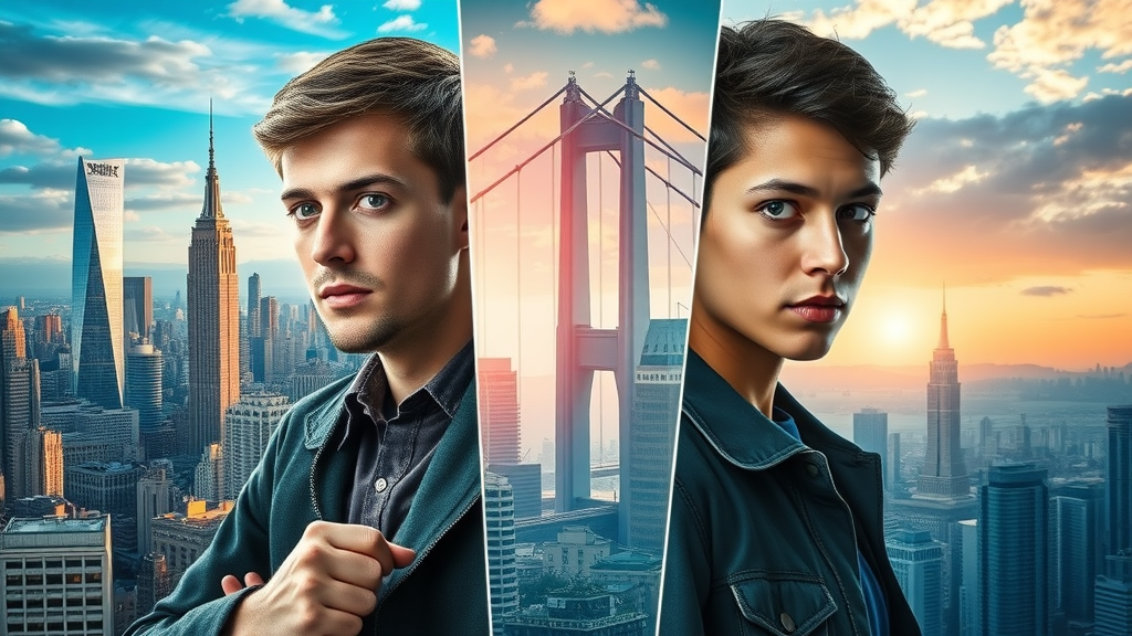 Comparison of NY tech startup marketing, Silicon Valley, and San Francisco with contrasting cityscapes and entrepreneurs.