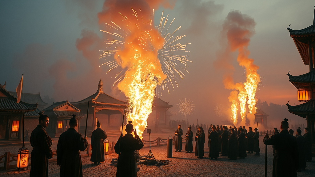 historic panorama of ancient Chinese festival: early black powder fireworks, traditional pyrotechnicians and art and science of firework displays