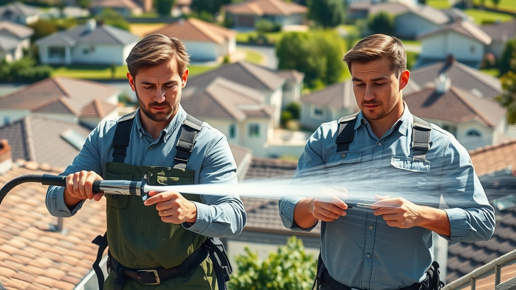 pressure washing vs soft washing roof cleaning methods, teams demonstrating cleaning action, suburban rooftops background