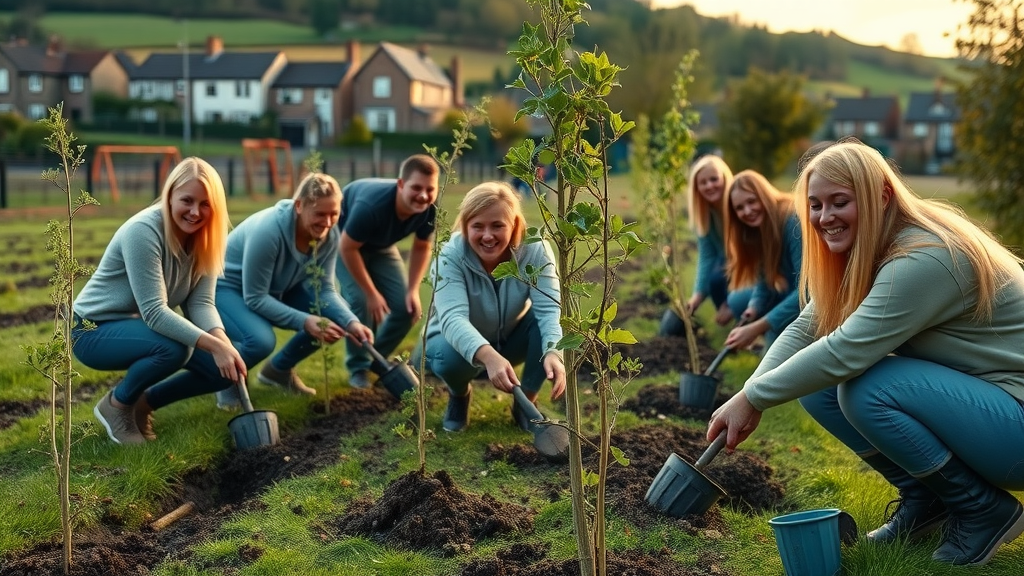 Successful community project with volunteers planting trees in Monmouthshire housing estate, highlighting resident-driven development