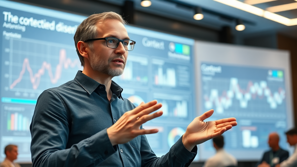 context engineering visionary researcher presenting at conference with context engineering concepts, digital display showing data context graphs