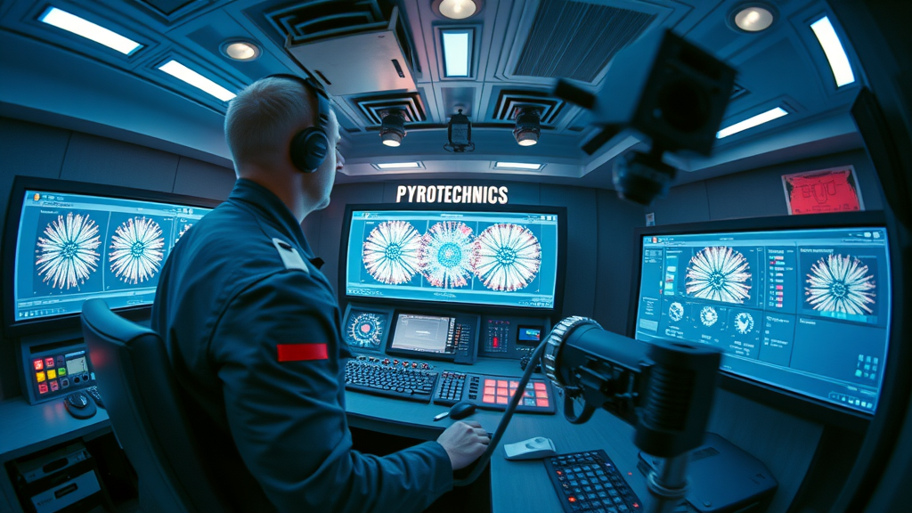 modern control room for art and science of firework displays, technician at digital console for firing systems